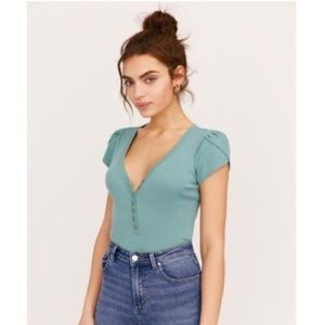 Free People Intimately Mia Bodysuit Ruched Buttoned Tulip Sleeve